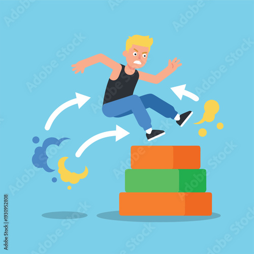Man jumping over obstacles symbolizing progress and challenges.