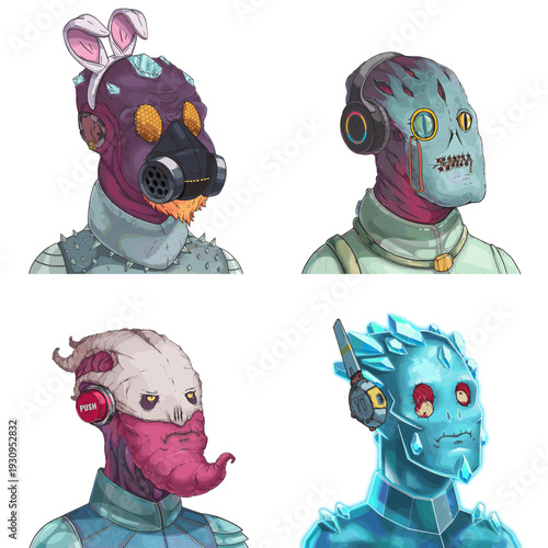 Quirky alien avatar pack of purple spiked punk, pale multifaceted oracle, pink strange scout and blue frozen golem editable digital character set