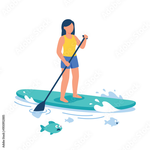 Woman paddleboarding on a turquoise board with a paddle, surrounded by water and fish.