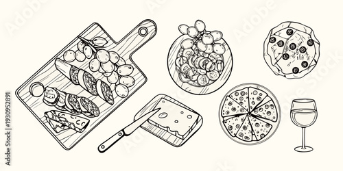 A sketch of assorted foods including cheese pizza olives and wine