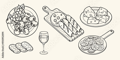 An artistic sketch of various cheeses fruits and breads presented for dining