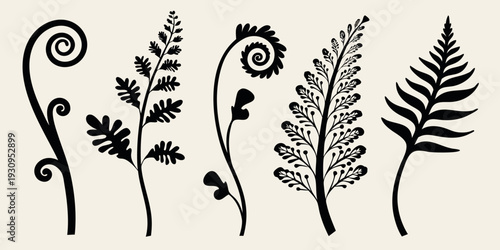 Black silhouettes of various fern and foliage plant designs