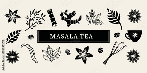Masala tea ingredients illustrated with botanical black and white designs