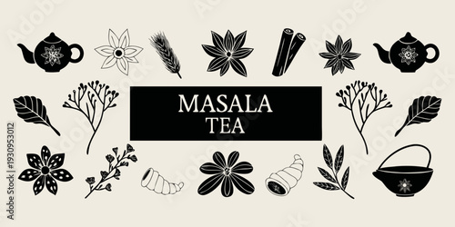 Masala tea illustration featuring botanical elements and tea accessories