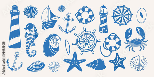 Nautical themed illustrations featuring shells boats and sea creatures