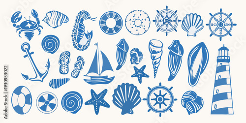 Collection of blue nautical illustrations featuring shells boats and sea life