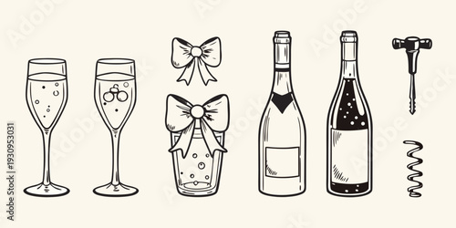Elegant black and white illustration of champagne glasses bottles and accessories