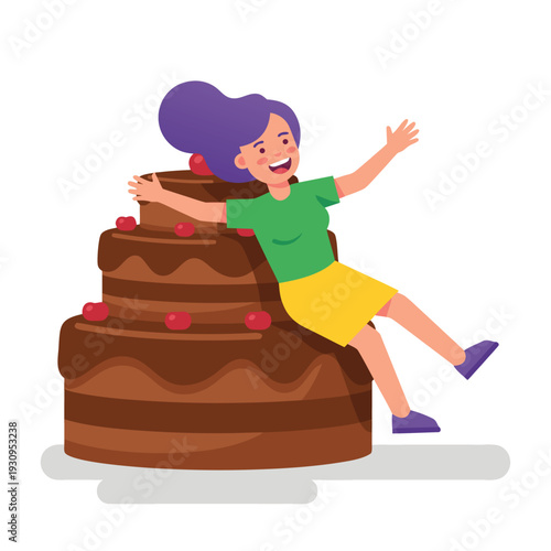 Woman Sliding Down a Giant Chocolate Cake.