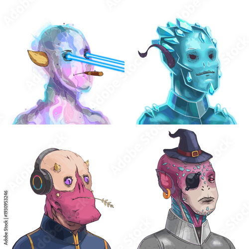 Zany alien avatar pack of glowing ethereal spirit, blue frozen golem, red horned demon and pink crystal empath vector character design set