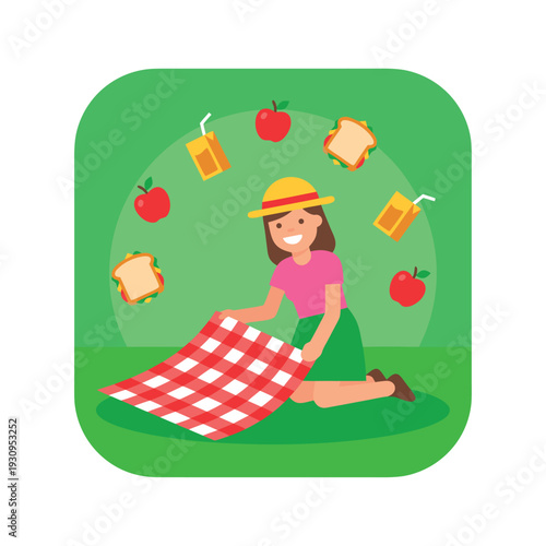 Woman Spreading Picnic Blanket with Food and Drinks.