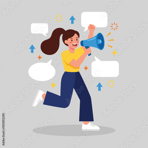 Woman with Megaphone Announcing News and Ideas.