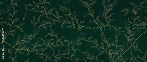 Dark green art background with golden leaves on branches in a line style with a watercolor texture. Botanical banner for decor, prints, wallpaper, posters, textiles, and packaging.