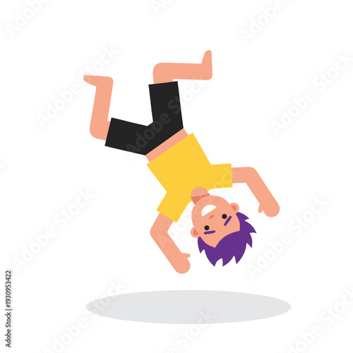 Young boy doing a cartwheel on white background.