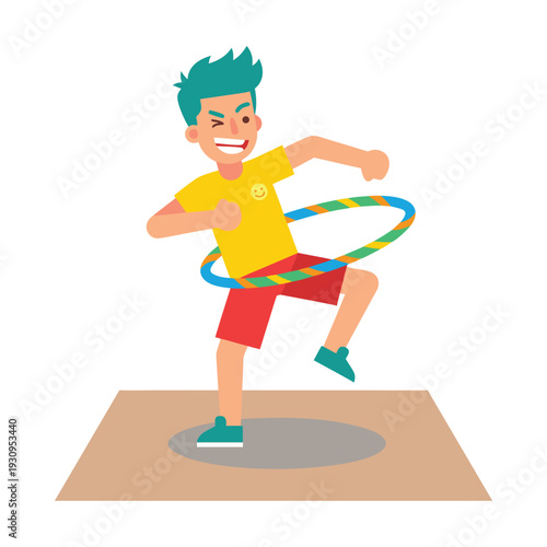 Young boy enthusiastically hula hooping with a colorful hoop.