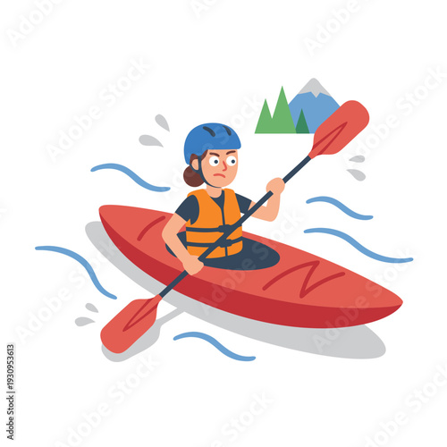 Person kayaking in a red kayak with a paddle.