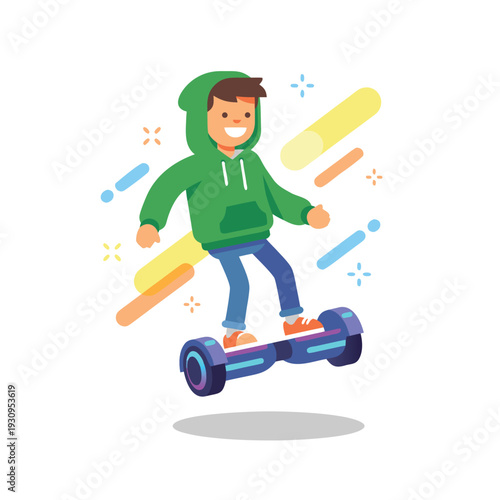 Young boy riding a hoverboard with colorful motion lines.