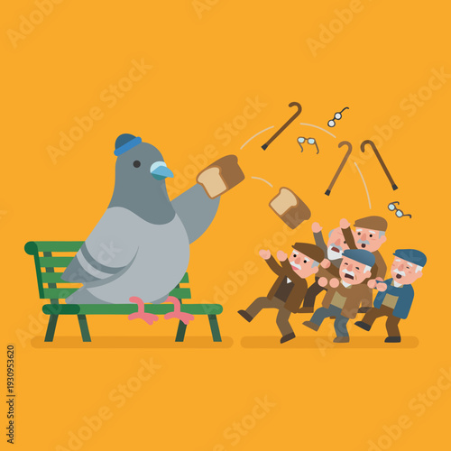 Pigeon throwing bottles at old men on bench.
