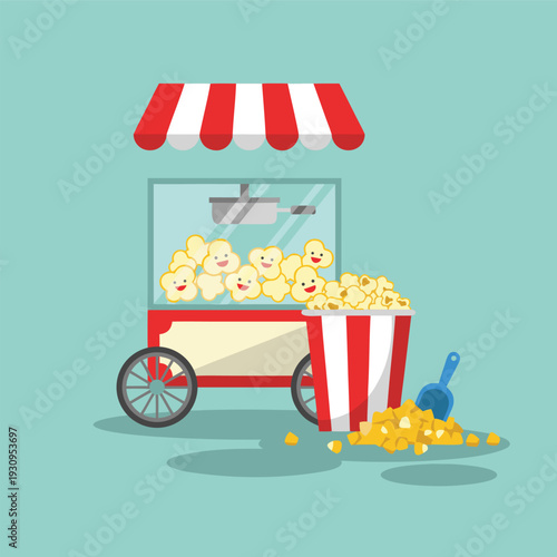 Popcorn cart with overflowing bucket and spilled kernels.