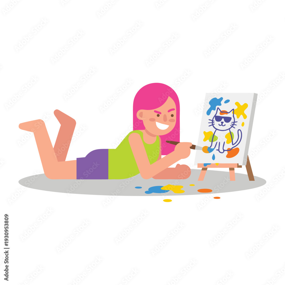 Obraz premium Young girl painting a cat on canvas.