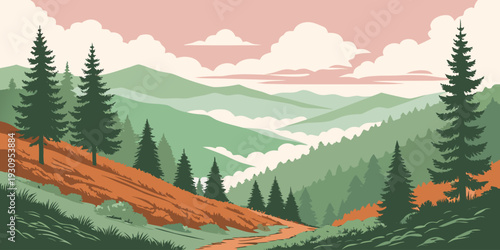 Mountain valley with pine trees and layered hills showing serene wilderness scenery, hiking destination, environmental conservation theme, and nature travel concept.
