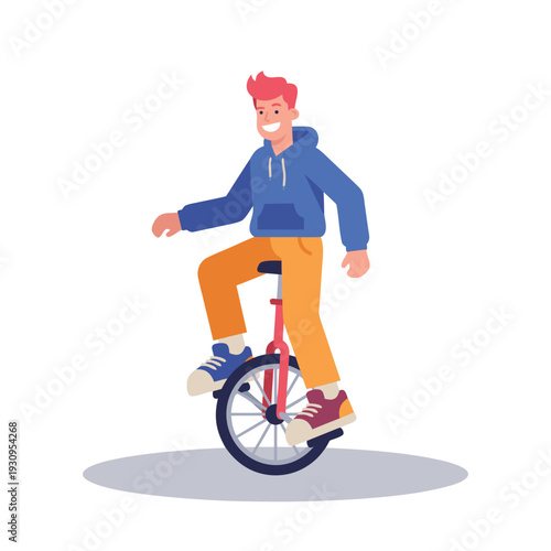 Young man riding a unicycle.