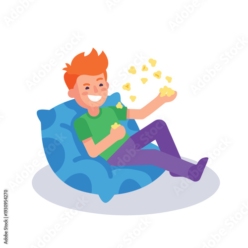 Young Man Relaxing on Beanbag Chair Eating Popcorn.