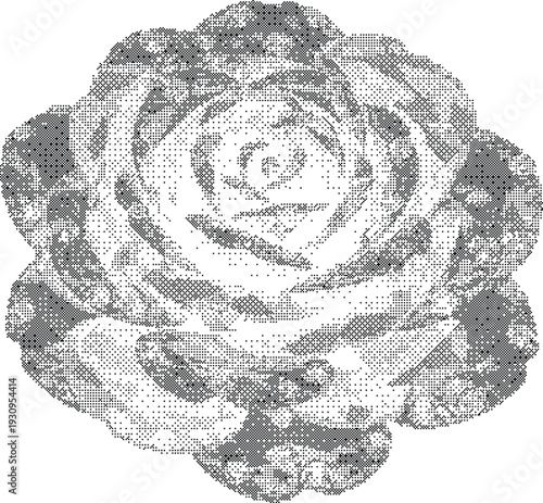Garden Rose Halftone Texture Symbol pixelated dithered flower icon for romantic floral shop beauty cosmetics and spring season branding.