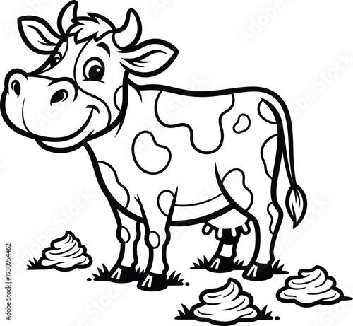 Smiling cow in a field with dung