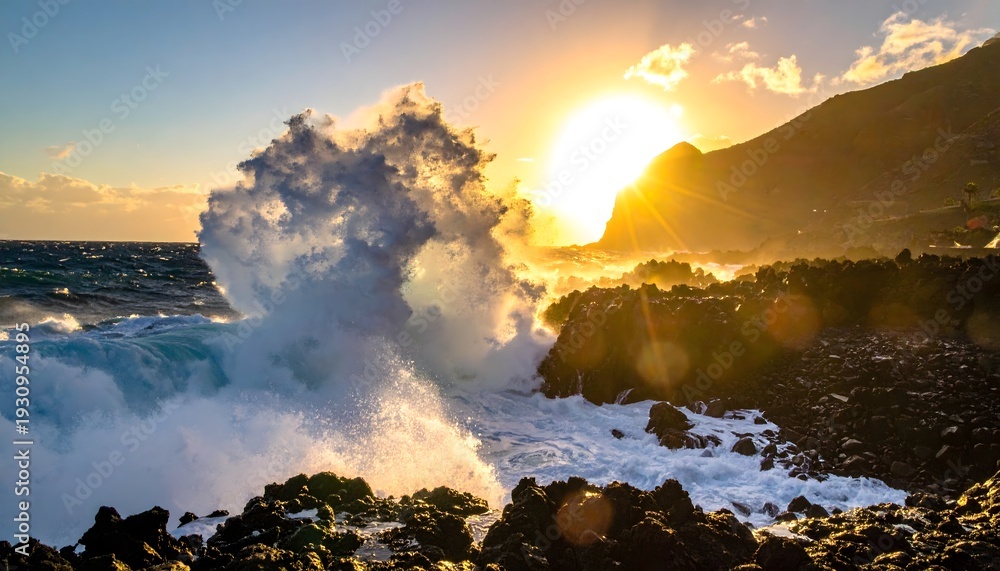 Fototapeta premium Dramatic ocean wave crashing against rocky shoreline at sunrise with vibrant colors and dynamic splashes in a beautiful seascape with a serene atmosphere and majestic mountainous landscape i