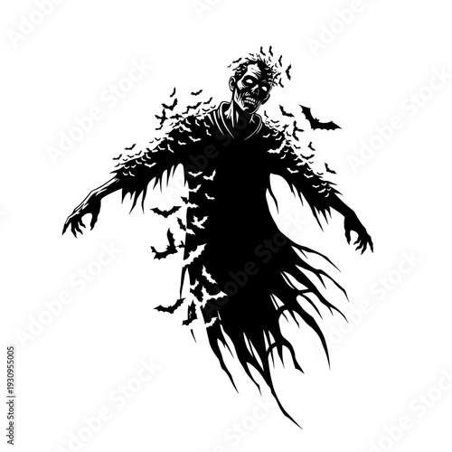 Black and white illustration of a spooky zombie figure made of bats isolated on white background