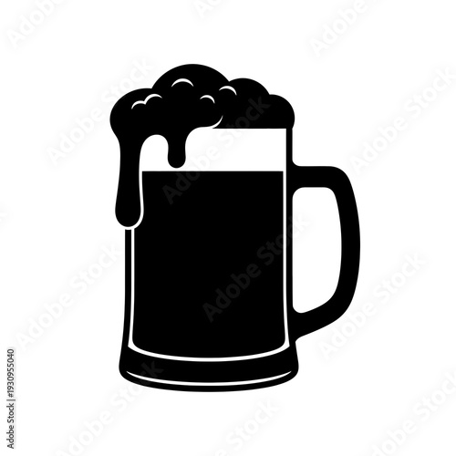 Black silhouette icon of a beer mug overflowing with foam isolated on white background