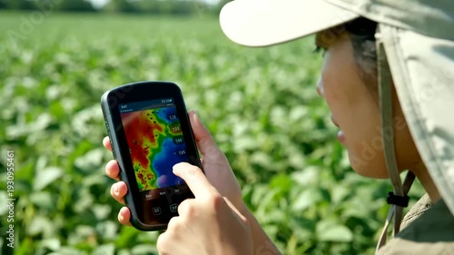 Young farmer analyzes crops using ai app in field on sunny day or Modern farmer uses ai mapping app for crop management in soybean field