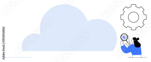 Cloud computing. ation of cloud computing with a user analyzing data and gear settings. Cloud computing enabling storage, analysis, and technology solutions. Useful for IT, data management, digital