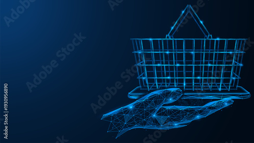 Digital shopping is at hand. The hand holds a virtual shopping basket. The concept symbolizes online shopping and the convenience of digital commerce in the modern world.