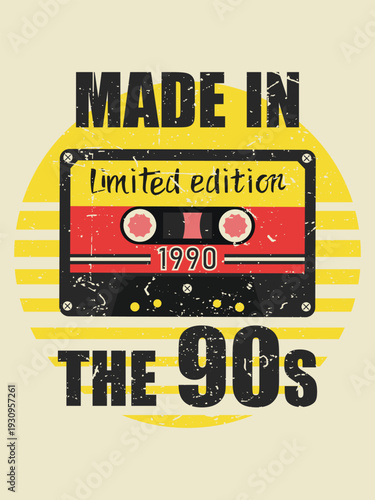 Retro vintage poster in 90s style, cassette from a tape player on a striped sun background with the inscription Made in the 90s