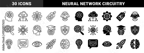 Artificial intelligence and machine learning hybrid icons featuring neural brain circuitry merged with cloud data computing and robotic automation