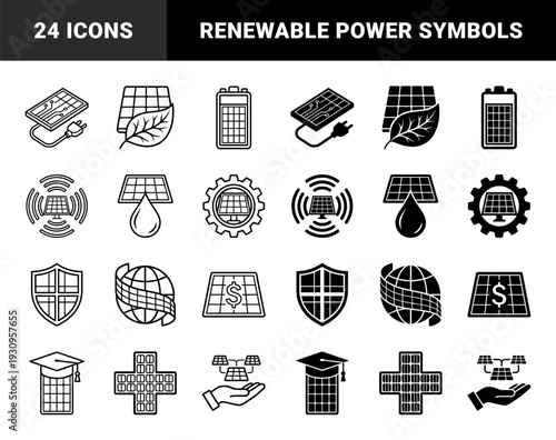 Renewable energy hybrid icon collection merging solar panel symbols with leaf water drop shield gear and global sustainability metaphors in dual styles