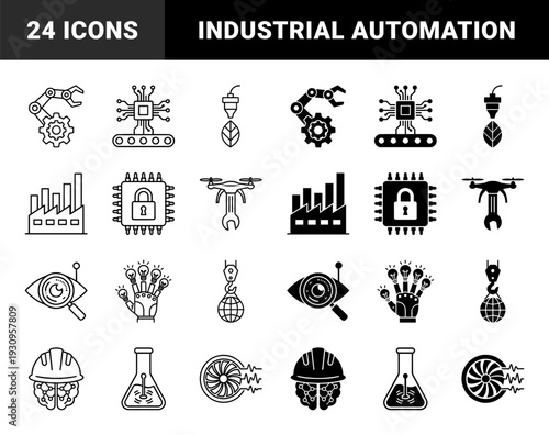 Hybrid industrial manufacturing and smart technology icons featuring mechanical arms with gears and circuit board conveyor belts in outline and solid styles