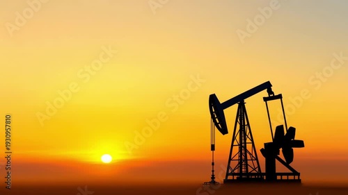 An oil pump stands tall against a vibrant sunset, symbolizing the energy industry and natural resource extraction in a tranquil countryside setting.