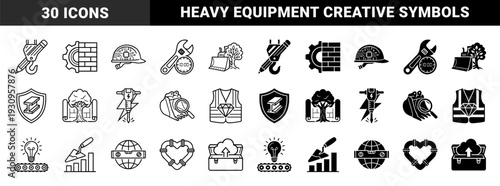 Construction and Engineering Hybrid Symbols Featuring Industrial Tools Combined with Creative Concepts Like Lightbulbs Hearts and Blueprint Trees