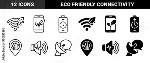 Hybrid communication and power symbols merging organic growth with digital connectivity featuring wifi leaves battery clocks and satellite speech bubbles