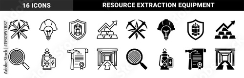 Mining industry hybrid symbol set featuring pickaxe compass merge and lightbulb helmet combination for underground resource extraction and mineral exploration