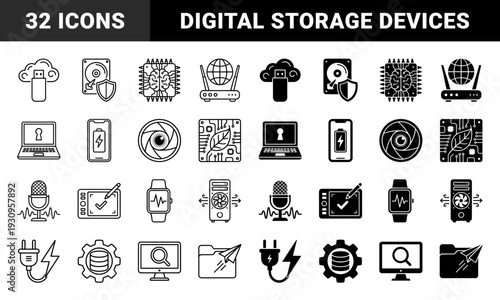 Hybrid technology and digital hardware icons featuring integrated circuits with organic leaves and human brains alongside cloud storage and data security symbols