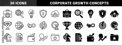 Abstract business and strategy hybrid icons featuring conceptual metaphors like chess knight with gears and magnifying glass with circuit patterns