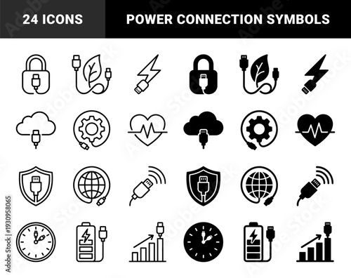 Hybrid charging symbols merging power cable connectors with security locks heart rate monitors cloud storage and renewable energy leaf concepts