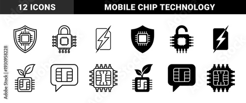 Hybrid sim card and processor icons merging telecommunication hardware with security shield power lightning bolt and organic leaf growth symbols