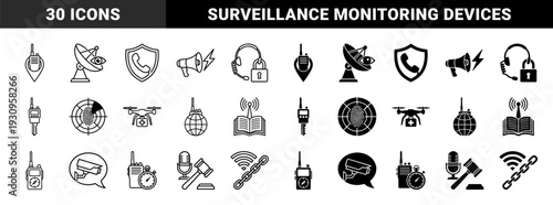 Security and surveillance hybrid icon set featuring radio location pins monitoring satellite eyes encrypted headsets drone delivery and biometric scanning