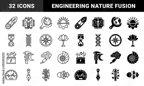 Abstract hybrid conceptual symbols merging mechanical engineering elements with organic nature and biological forms featuring outline and solid glyph styles