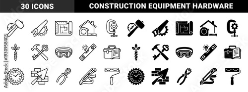 Construction and repair tools combined with conceptual symbols featuring dual outline and solid versions for architecture and building design