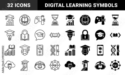 Hybrid education and digital learning icons merging academic symbols with technology including graduation cap lightbulb brain and dna elements